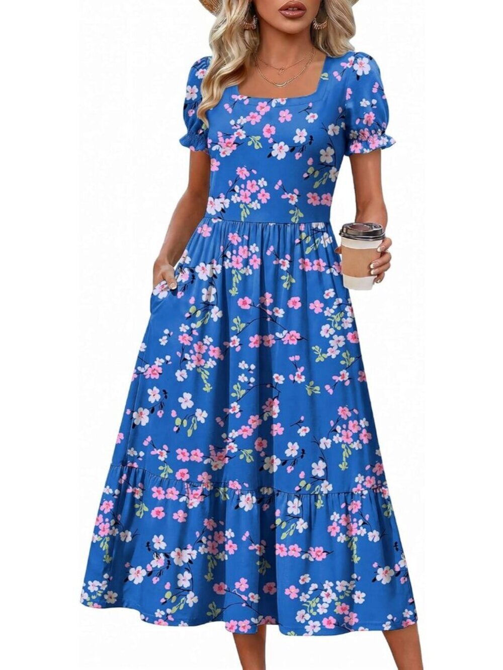 Zeagoo Women's Floral Printed Flowy Casual Short Sleeve Tiered Midi Maxi Dress